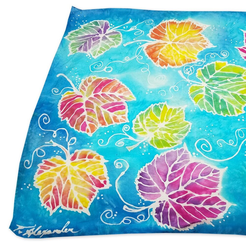 SALE: Handpainted Habotai Silk Scarf - "Grape Leaves" - 22" x 22"